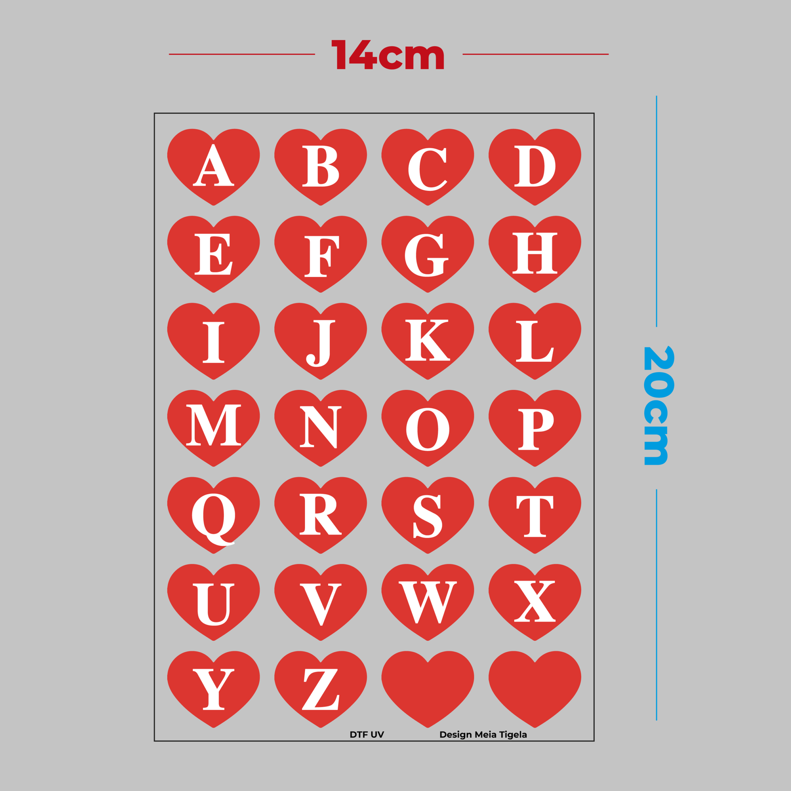 Cartela de Adesivos DTF - Alfabeto Coração Vermelho - Imagem 3