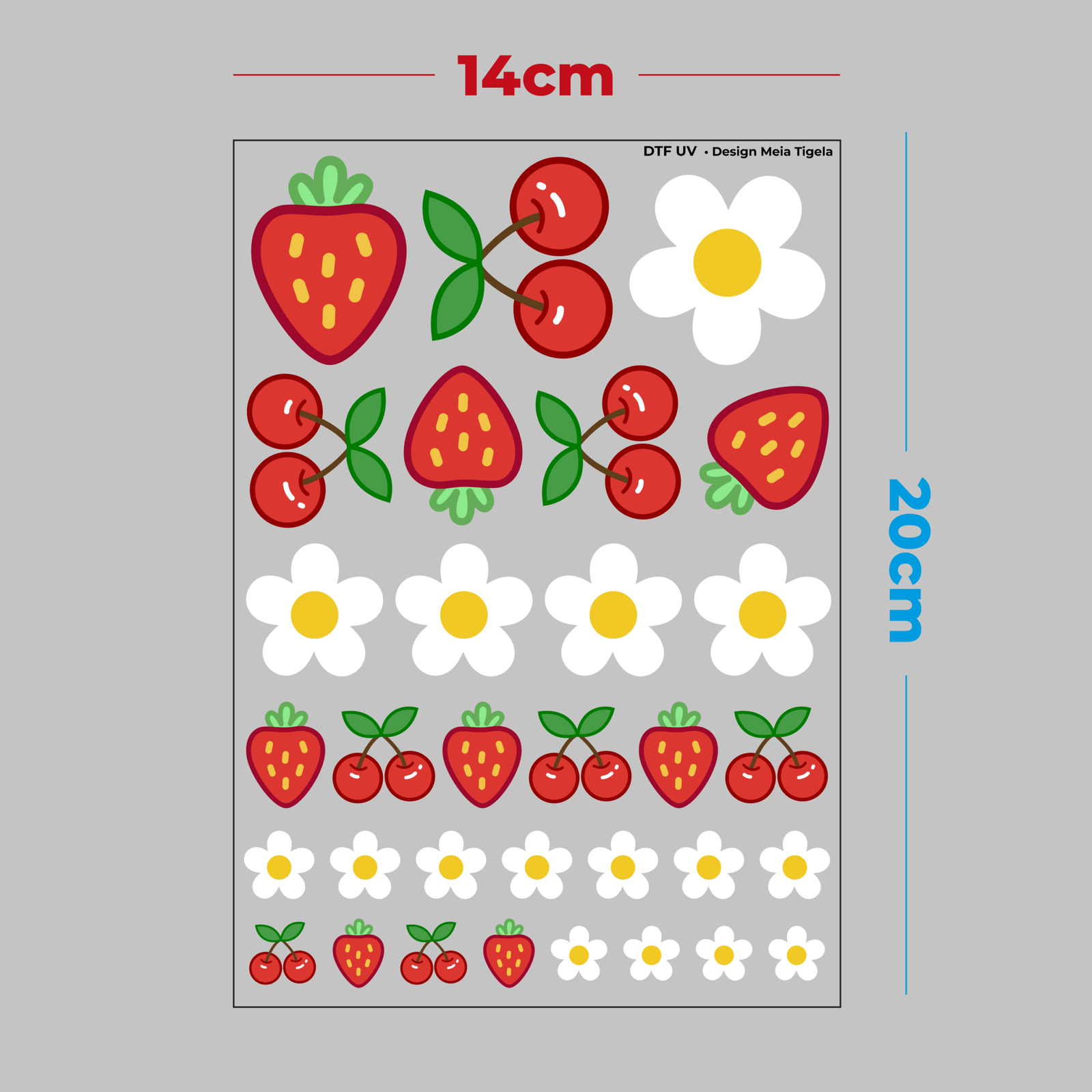 Cartela de Adesivos DTF - Morangos, cerejas e flores - Imagem 3